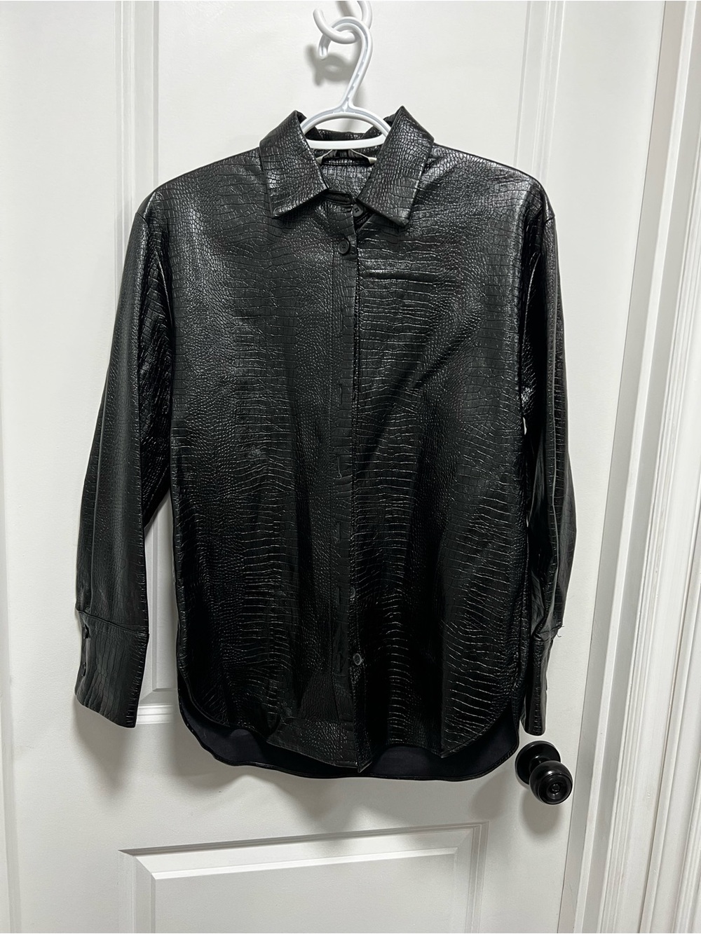 Zara Black Textured Faux-Leather Shirt Jacket